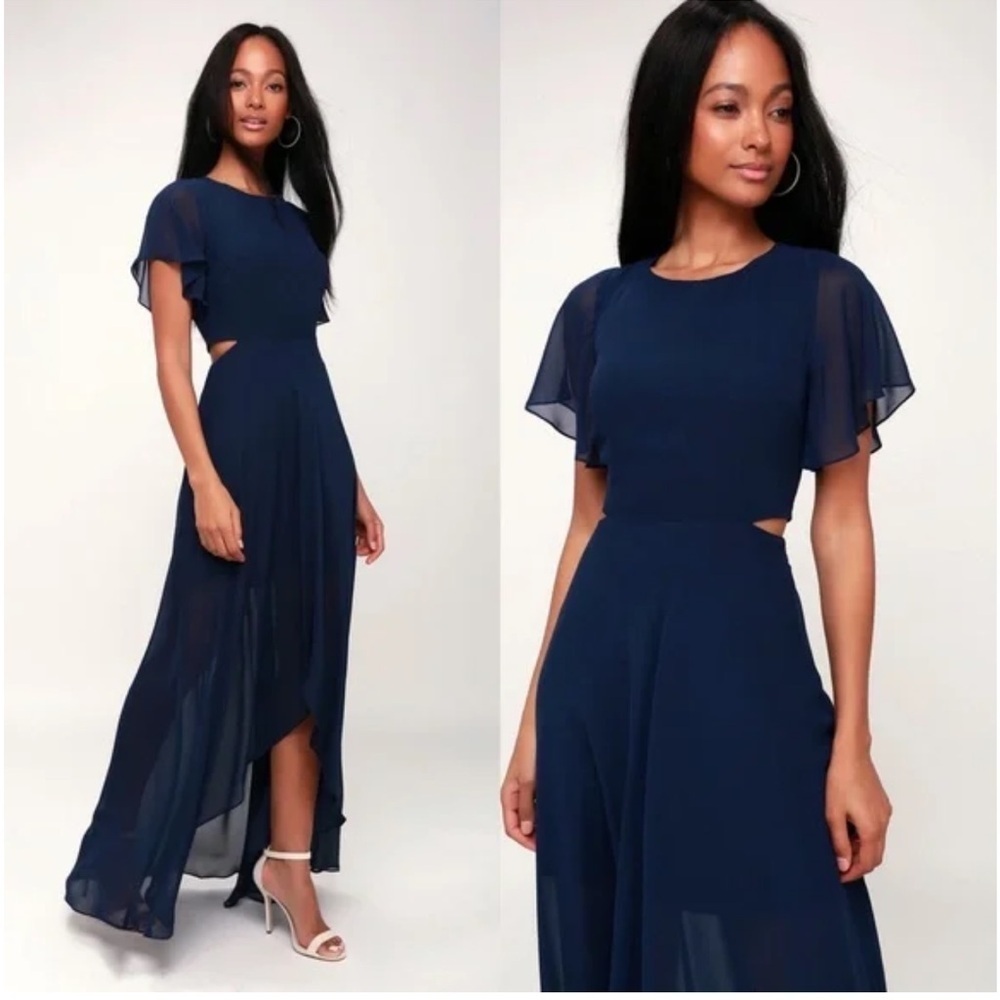 Lulu’s Ali & Jay Bohemian Rhapsody Cutout Sheer Maxi Navy Prom Dress SZ M NEW
